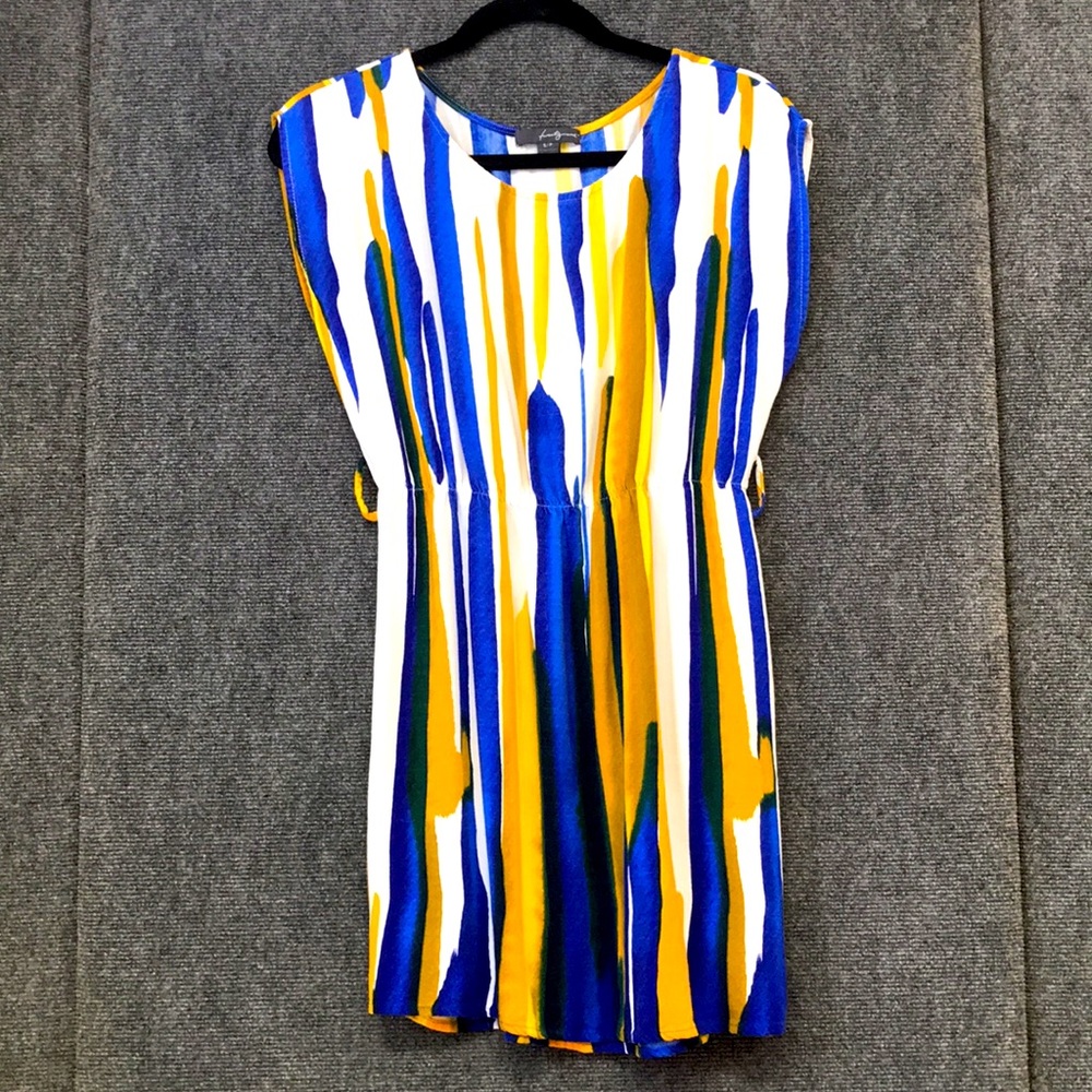 FOREVER 21 Mini Dress Blue & Yellow Abstract Print, Beltloops no original belt